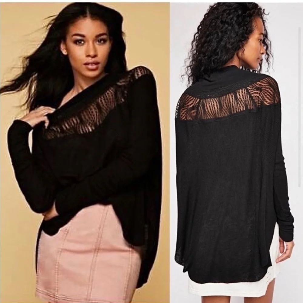 FREE PEOPLE Lace Trim Neckline Oversized Dolman Long Sleeve Thermal Knit Top XS‎